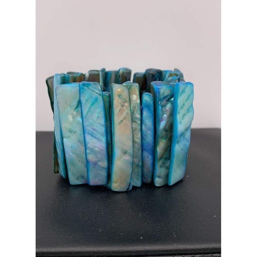 Vintage Dyed Blue Mother Of Pearl / Abalone Shell Tile Link Stretch Bracelet
